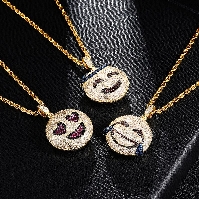 Cubic-Zirconia-Studded Gold-Plated Emoticon Bling Hip-hop Pendant Necklace-Necklaces-Innovato Design-Smiley Heart-4mm Tennis-20inch-Innovato Design