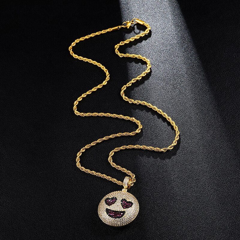 Cubic-Zirconia-Studded Gold-Plated Emoticon Bling Hip-hop Pendant Necklace-Necklaces-Innovato Design-Smiley Heart-4mm Tennis-20inch-Innovato Design