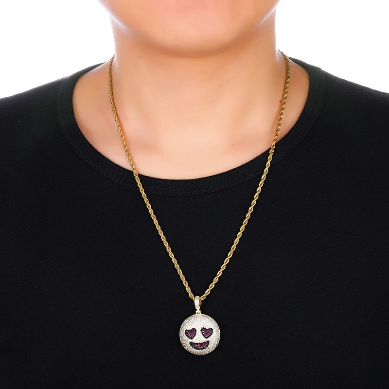 Cubic-Zirconia-Studded Gold-Plated Emoticon Bling Hip-hop Pendant Necklace-Necklaces-Innovato Design-Smiley Heart-4mm Tennis-20inch-Innovato Design