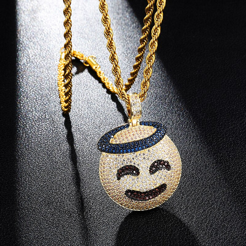 Cubic-Zirconia-Studded Gold-Plated Emoticon Bling Hip-hop Pendant Necklace-Necklaces-Innovato Design-Smiley Heart-4mm Tennis-20inch-Innovato Design