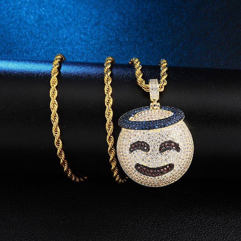 Cubic-Zirconia-Studded Gold-Plated Emoticon Bling Hip-hop Pendant Necklace-Necklaces-Innovato Design-Smiley Heart-4mm Tennis-20inch-Innovato Design