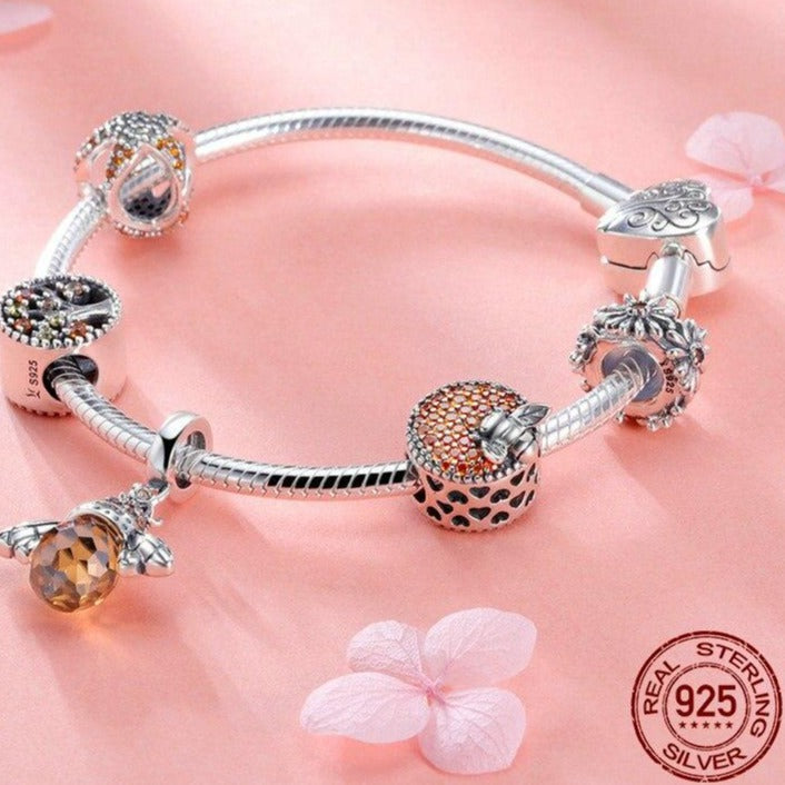 Bee and Daisy Flower 925 Sterling Silver Charm Bracelet-Bracelets-Innovato Design-Innovato Design