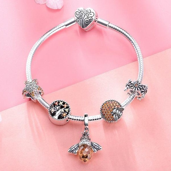 Bee and Daisy Flower 925 Sterling Silver Charm Bracelet-Bracelets-Innovato Design-Innovato Design