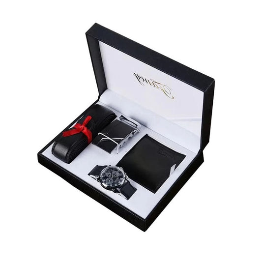 Men Quartz Watch, Leather Belt, and Wallet Gift Set with Box