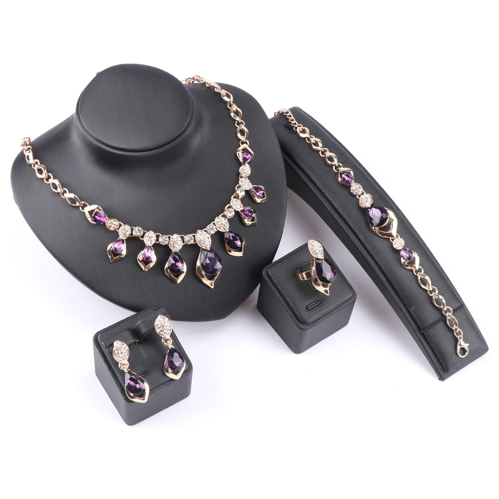 Purple Cubic Zirconia and Austrian Crystal Necklace, Bracelet, Earrings & Ring Wedding Jewelry Set-Jewelry Sets-Innovato Design-Innovato Design