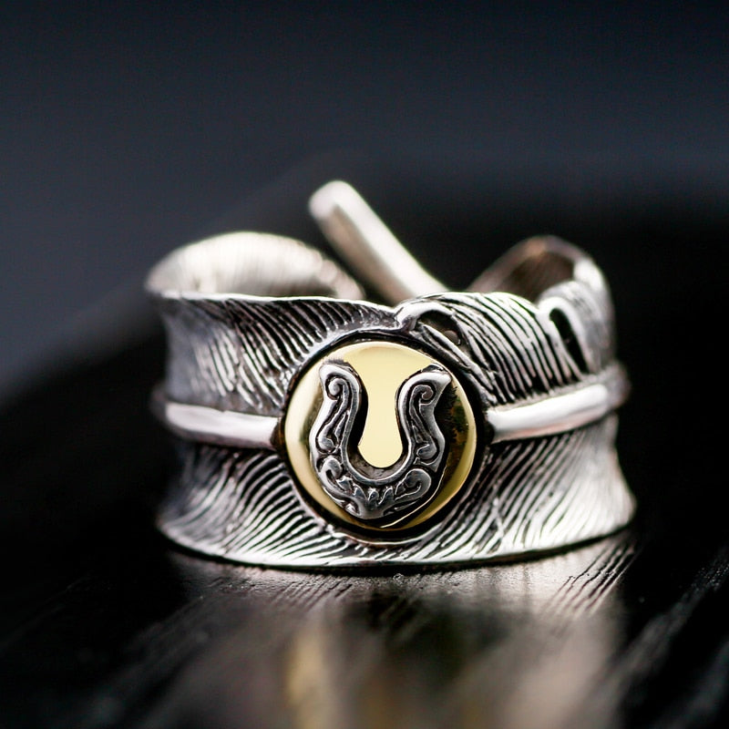 Horseshoe on Feather 925 Sterling Silver Adjustable Vintage Ring-Rings-Innovato Design-Innovato Design