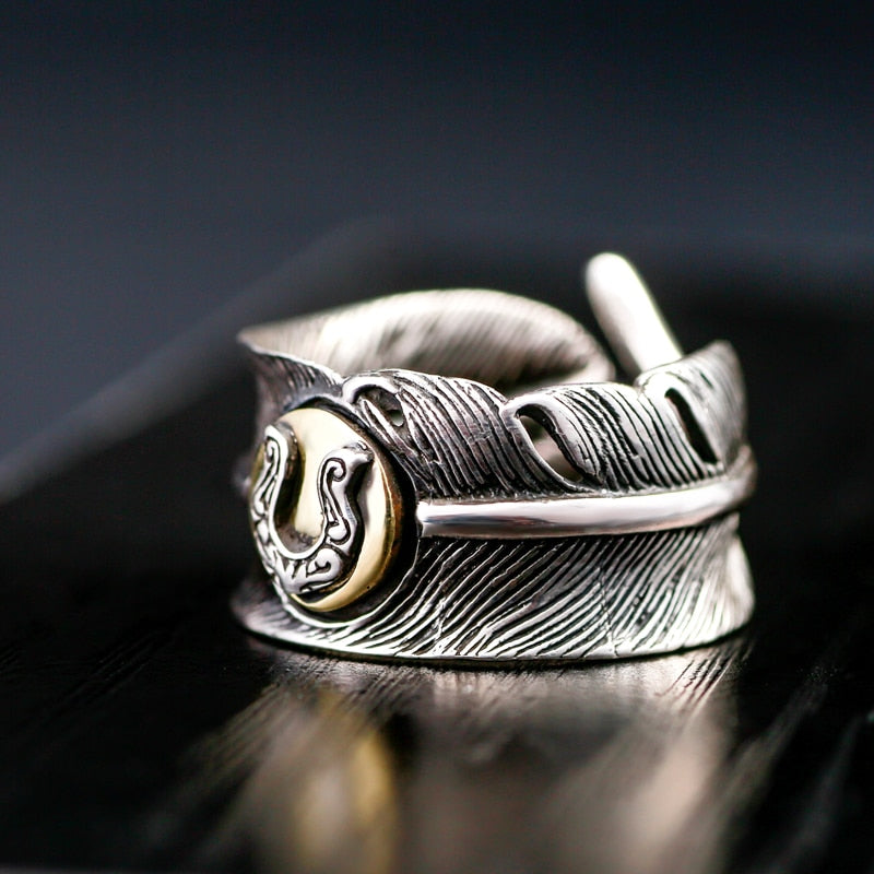 Horseshoe on Feather 925 Sterling Silver Adjustable Vintage Ring-Rings-Innovato Design-Innovato Design