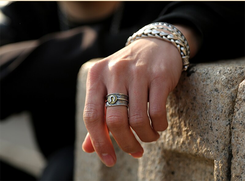 Horseshoe on Feather 925 Sterling Silver Adjustable Vintage Ring-Rings-Innovato Design-Innovato Design