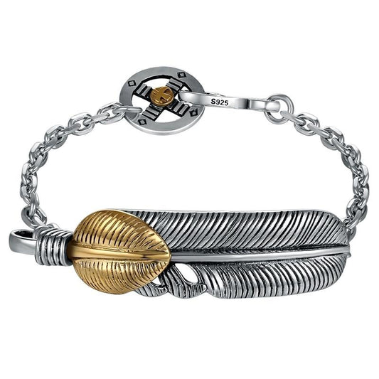 Gold and Silver Feather 925 Sterling Silver Punk Rock Fashion Bracelet