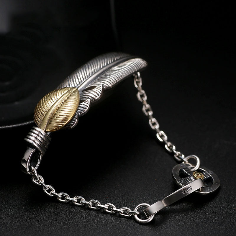 Gold and Silver Feather 925 Sterling Silver Punk Rock Fashion Bracelet-Bracelets-Innovato Design-7.09in-Innovato Design