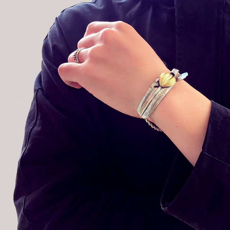 Gold and Silver Feather 925 Sterling Silver Punk Rock Fashion Bracelet-Bracelets-Innovato Design-7.09in-Innovato Design