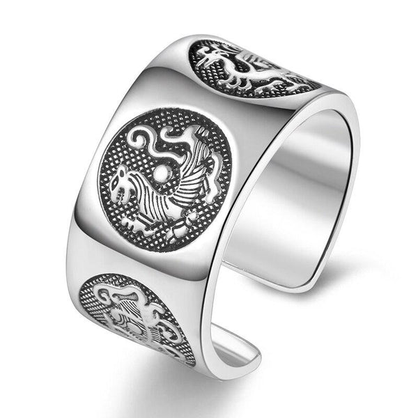 Chinese Four Mythical Creatures 999 Genuine Silver Adjustable Ring