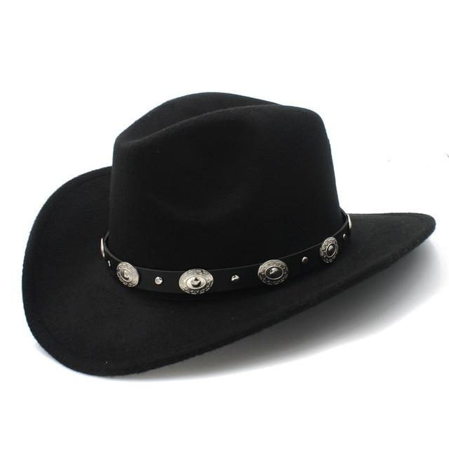 Felt Fedora Cowboy Hat with Oval Metal Ornaments on Faux Leather Band-Hats-Innovato Design-Black-Innovato Design