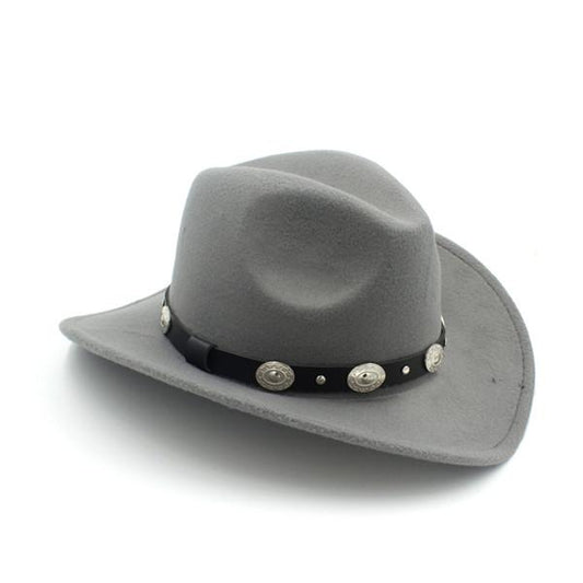 Felt Fedora Cowboy Hat with Oval Metal Ornaments on Faux Leather Band-Hats-Innovato Design-Gray-Innovato Design
