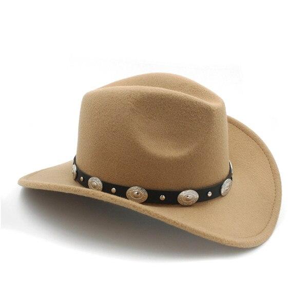 Felt Fedora Cowboy Hat with Oval Metal Ornaments on Faux Leather Band-Hats-Innovato Design-Beige-Innovato Design