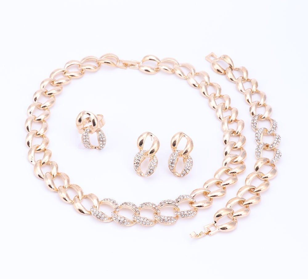 Rhinestone Link Chain Necklace, Bracelet, Earrings & Ring Wedding Statement Jewelry Set-Jewelry Sets-Innovato Design-Innovato Design