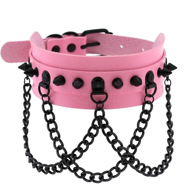 Black Spike Stud and Chain Link Collar Choker Leather Gothic Steampunk Necklace-Necklace-Innovato Design-Pink-Innovato Design