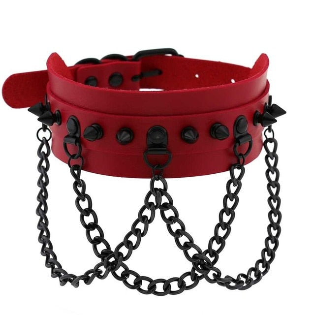 Black Spike Stud and Chain Link Collar Choker Leather Gothic Steampunk Necklace-Necklace-Innovato Design-Red-Innovato Design