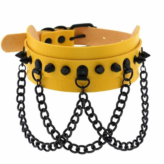 Black Spike Stud and Chain Link Collar Choker Leather Gothic Steampunk Necklace-Necklace-Innovato Design-Yellow-Innovato Design