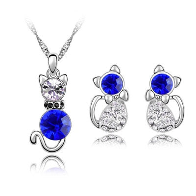 Austrian Crystal Cat Necklace & Earrings Fashion Jewelry Set-Jewelry Sets-Innovato Design-Silver Dark Blue-Innovato Design