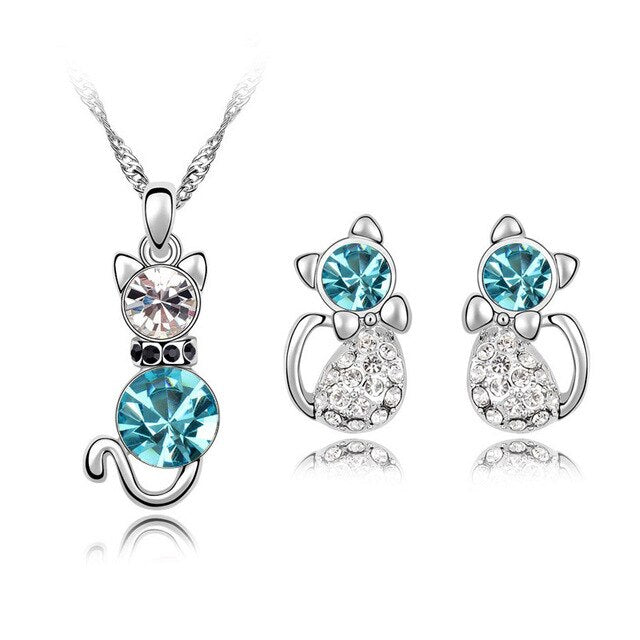 Austrian Crystal Cat Necklace & Earrings Fashion Jewelry Set-Jewelry Sets-Innovato Design-Silver Ocean Blue-Innovato Design