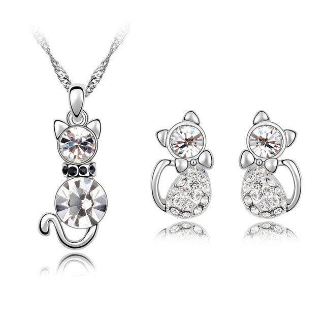 Austrian Crystal Cat Necklace & Earrings Fashion Jewelry Set-Jewelry Sets-Innovato Design-Silver White-Innovato Design
