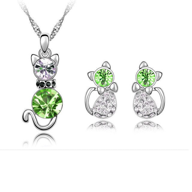 Austrian Crystal Cat Necklace & Earrings Fashion Jewelry Set-Jewelry Sets-Innovato Design-Silver Green-Innovato Design
