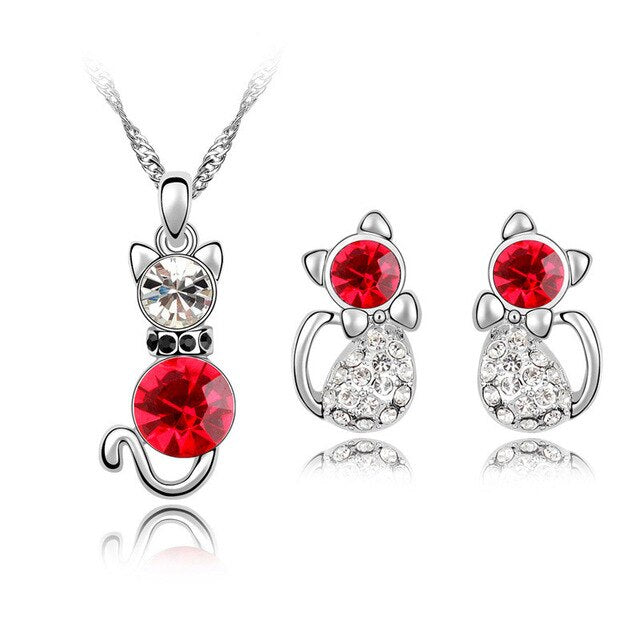 Austrian Crystal Cat Necklace & Earrings Fashion Jewelry Set-Jewelry Sets-Innovato Design-Silver Red-Innovato Design