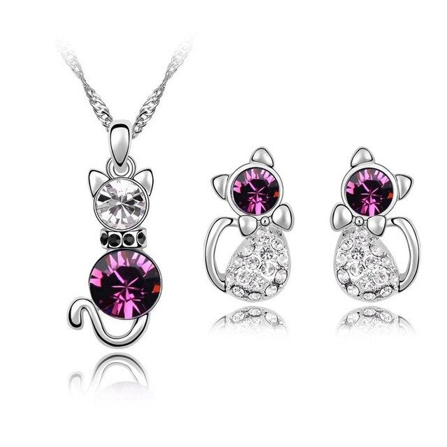 Austrian Crystal Cat Necklace & Earrings Fashion Jewelry Set-Jewelry Sets-Innovato Design-Silver Purple-Innovato Design