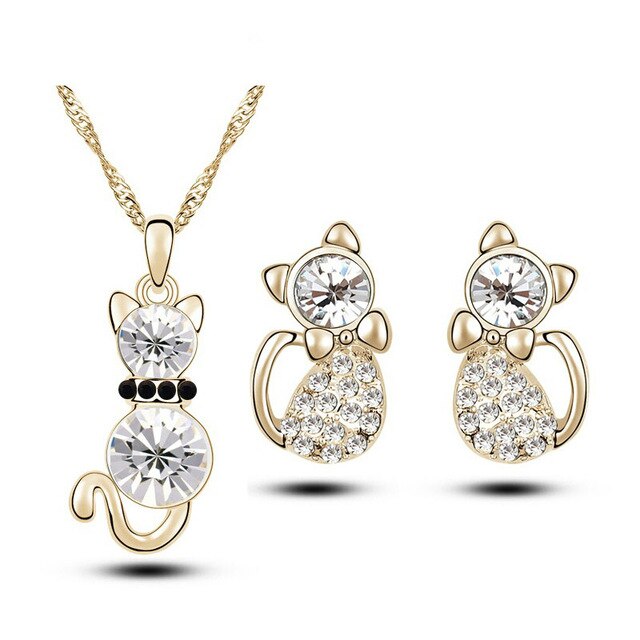 Austrian Crystal Cat Necklace & Earrings Fashion Jewelry Set-Jewelry Sets-Innovato Design-Gold White-Innovato Design