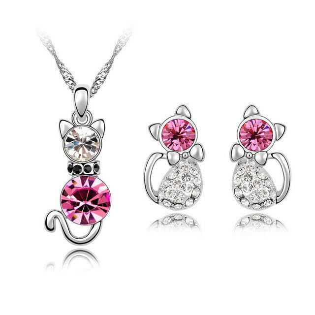 Austrian Crystal Cat Necklace & Earrings Fashion Jewelry Set-Jewelry Sets-Innovato Design-Silver Pink-Innovato Design