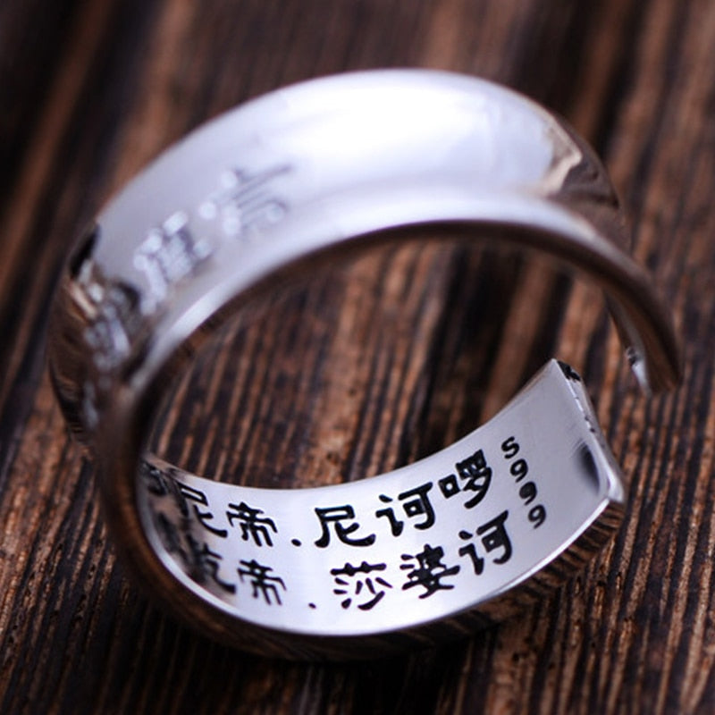 Buddhism Mantra Signet 999 Genuine Silver Adjustable Vintage Ring-Rings-Innovato Design-Medium (8 to 9)-Innovato Design