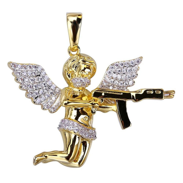Angel Micro Paved Cubic Zirconia Gold-Plated Stainless Steel Hip-Hop Pendant Necklace-Necklaces-Innovato Design-Cuban Chain-20-Innovato Design