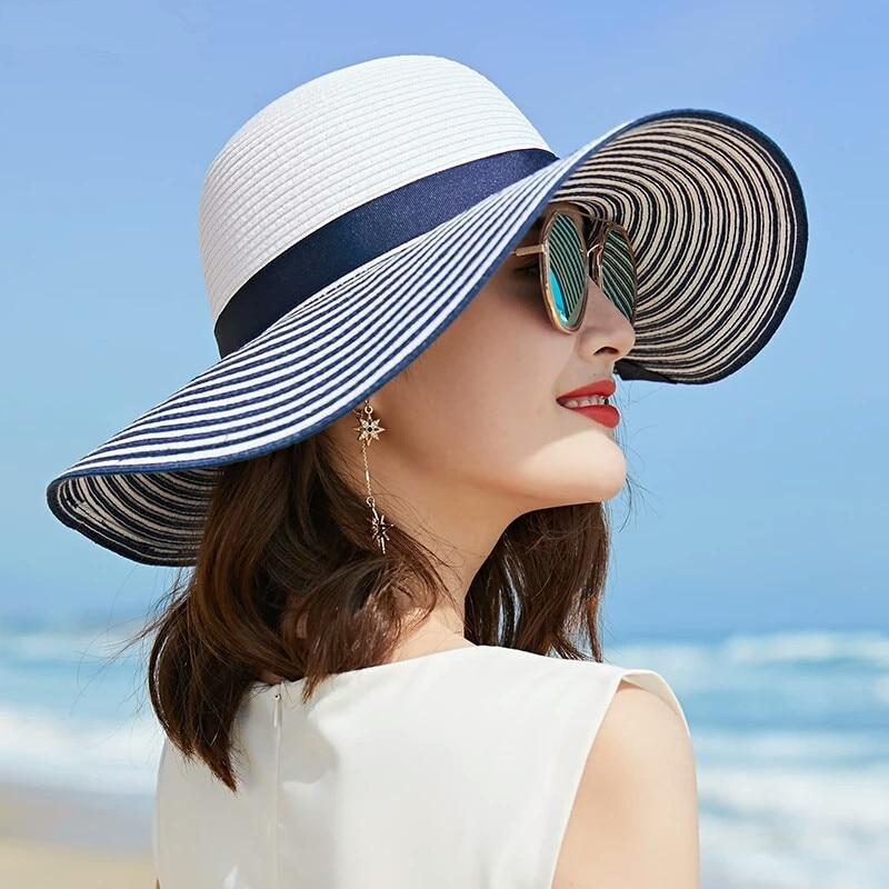 Black, Blue and White Striped Straw Sun Floppy Hat with Bowknot-Hats-Innovato Design-Black-Innovato Design