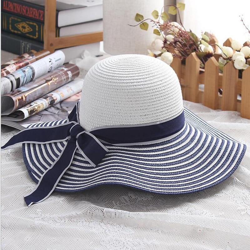 Black, Blue and White Striped Straw Sun Floppy Hat with Bowknot-Hats-Innovato Design-Black-Innovato Design