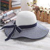 Black, Blue and White Striped Straw Sun Floppy Hat with Bowknot