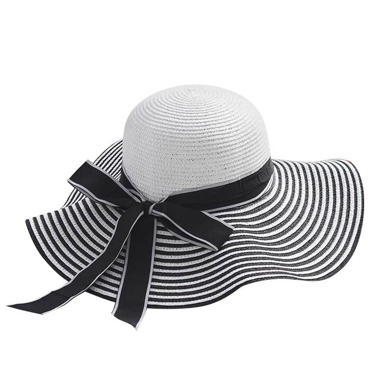 Black, Blue and White Striped Straw Sun Floppy Hat with Bowknot-Hats-Innovato Design-Black-Innovato Design