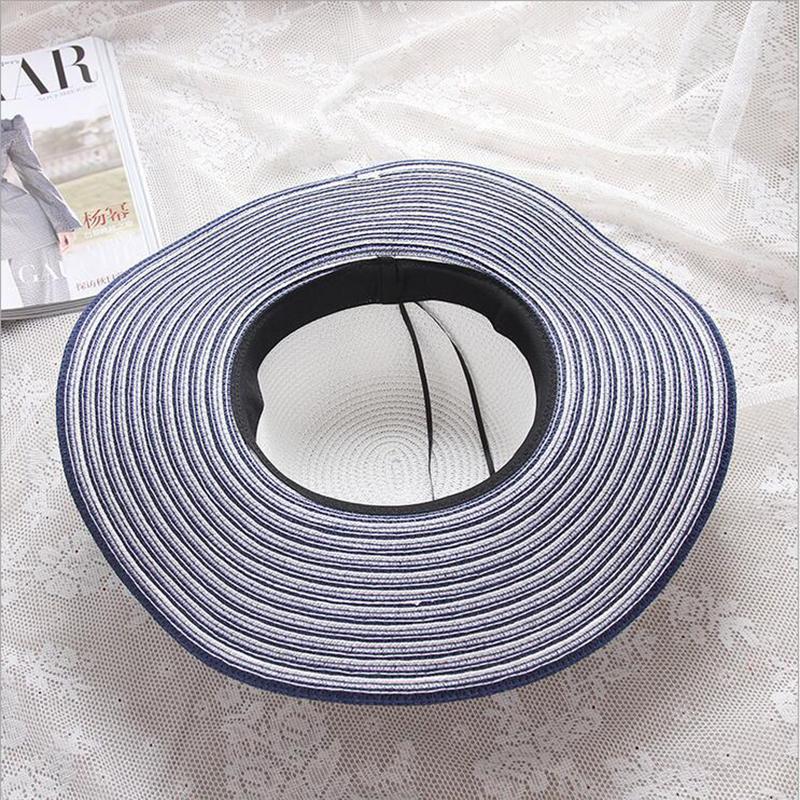 Black, Blue and White Striped Straw Sun Floppy Hat with Bowknot-Hats-Innovato Design-Black-Innovato Design