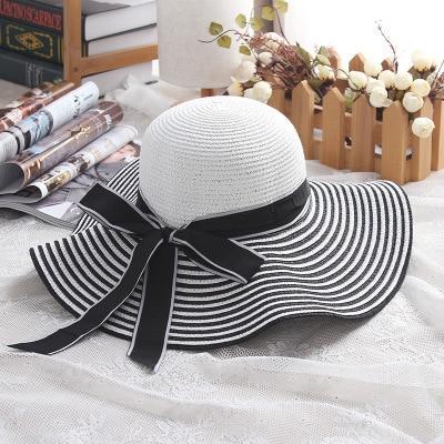 Black, Blue and White Striped Straw Sun Floppy Hat with Bowknot-Hats-Innovato Design-Black-Innovato Design