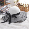 Black, Blue and White Striped Straw Sun Floppy Hat with Bowknot