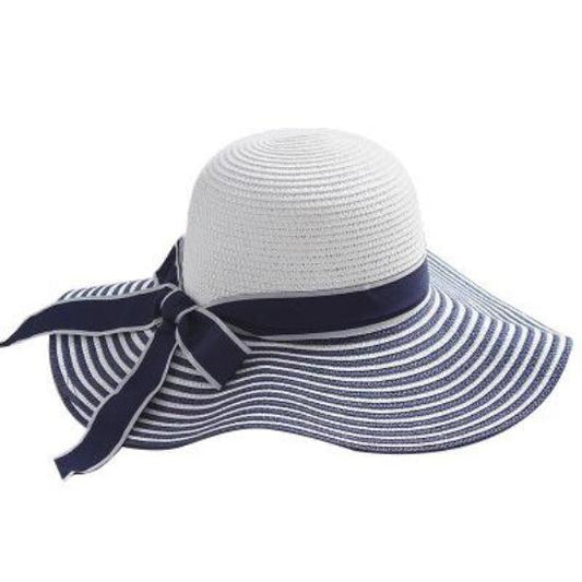 Black, Blue and White Striped Straw Sun Floppy Hat with Bowknot-Hats-Innovato Design-Blue-Innovato Design