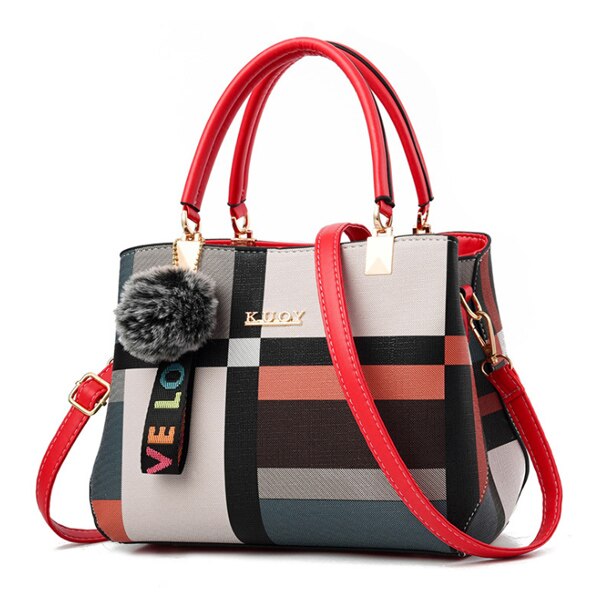 Fashion Casual Plaid Leather Tote Bag, Shoulder Bag, Crossbody Bag and Handbag-Handbags-Innovato Design-Red-Innovato Design