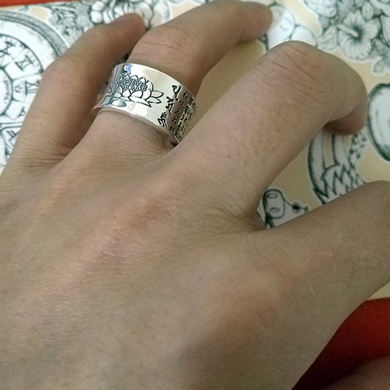 Buddhist Heart Sutra Signet 999 Genuine Silver Adjustable Vintage Ring-Gothic Rings-Innovato Design-Innovato Design