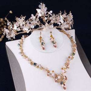 Baroque Gold Crystal Butterfly Tiara, Necklace & Earrings Wedding Jewelry Set-Jewelry Sets-Innovato Design-Innovato Design