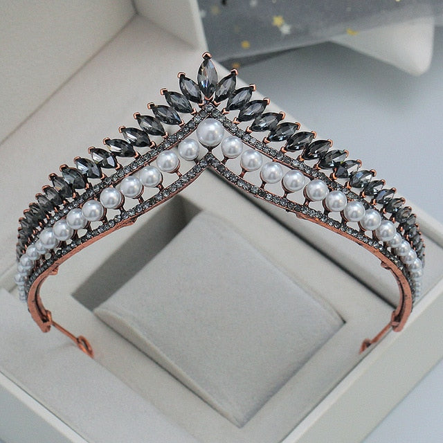 Baroque Retro Black Crystal, Pearl, Flowers and Rhinestone Tiara, Necklace & Earrings Jewelry Set-Jewelry Sets-Innovato Design-Innovato Design