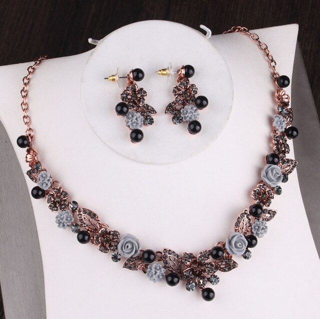 Baroque Retro Black Crystal, Pearl, Flowers and Rhinestone Tiara, Necklace & Earrings Jewelry Set-Jewelry Sets-Innovato Design-Innovato Design