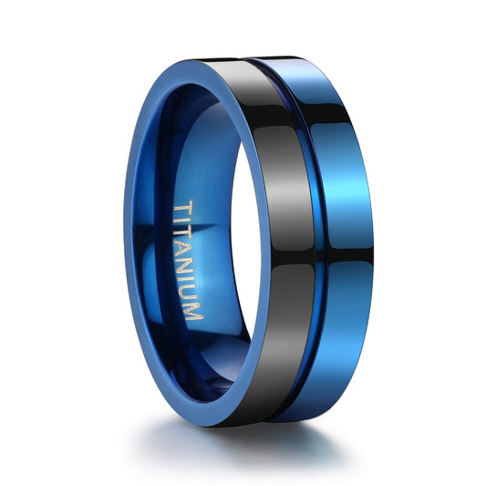 7mm Polished Blue and Black Grooved Titanium Fashion Wedding Band-Rings-Innovato Design-6-Innovato Design