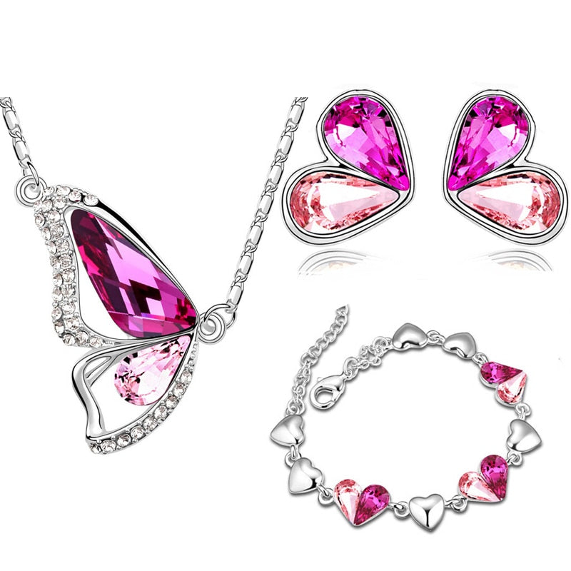 Austrian Crystal Butterfly Necklace, Bracelet & Earrings Fashion Jewelry Set-Jewelry Sets-Innovato Design-Rose Pink-Innovato Design