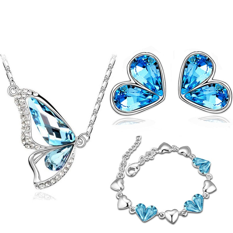 Austrian Crystal Butterfly Necklace, Bracelet & Earrings Fashion Jewelry Set-Jewelry Sets-Innovato Design-Ocean Blue-Innovato Design