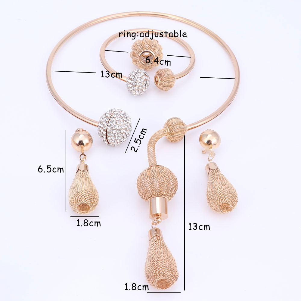 Gold Color and Silver Color Weaved Sac Necklace, Bracelet, Earrings & Ring Jewelry Set-Jewelry Sets-Innovato Design-Silver-Innovato Design